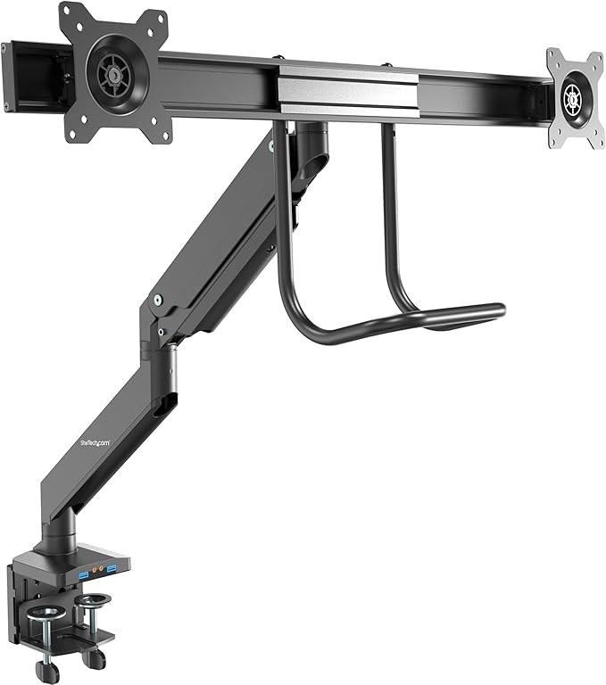 StarTech.com Desk Mount Dual Monitor Arm with USB & Audio - Slim Adjustable Dual Monitor VESA Mount for up to 32" (17.6lb/8kg) Displays - Ergonomic Articulating - C-Clamp/Grommet (ARMSLIMDUAL2USB3)