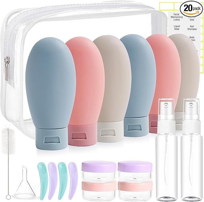 DEWSENSI 20 Pack Travel Bottles Set for Toiletries, TSA Approved Leak Proof Travel Size Containers Kit Portable Refillable Travel Accessories for Shampoo Conditioner Lotion Liquids (Multicolor A)