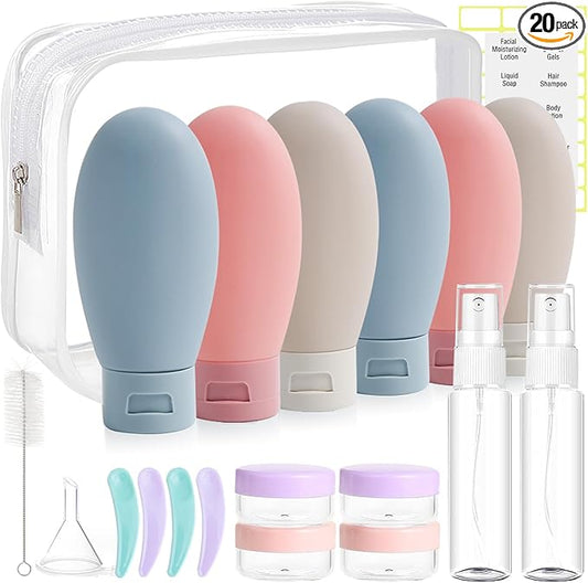 DEWSENSI 20 Pack Travel Bottles Set for Toiletries, TSA Approved Leak Proof Travel Size Containers Kit Portable Refillable Travel Accessories for Shampoo Conditioner Lotion Liquids (Multicolor A)