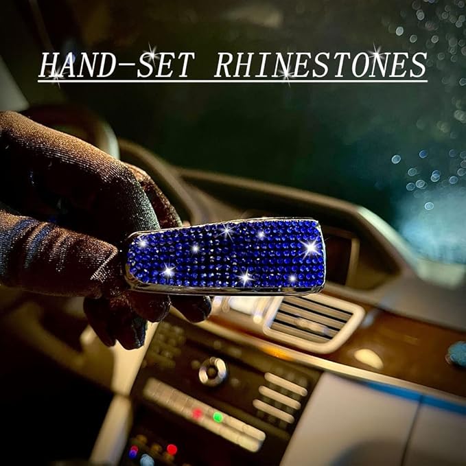 Set of 2 Bling Rhinestone Car Sun Visor Glasses Holders with Anti-Scratch Sponge,Car Decoration for Women Girls,Ticket Card Clip Visor Organizer,Universal Rhinestone Car Accessories (Jewel Blue)