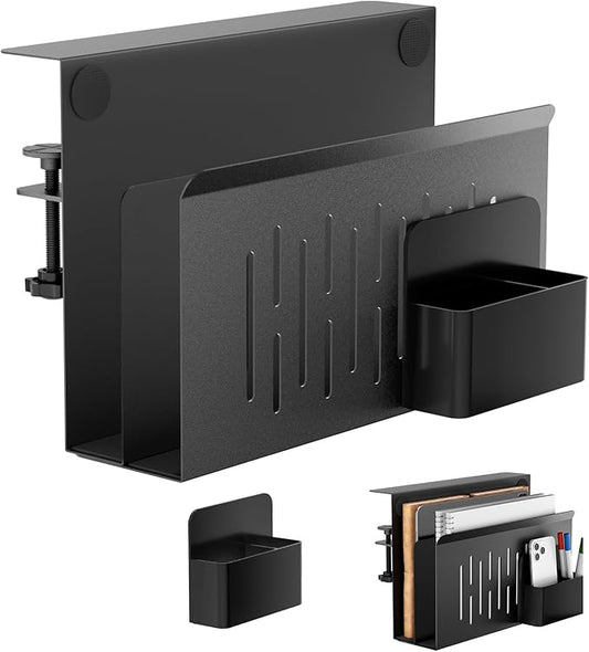 Onemake Desk Side Storage, 2-Tier No Drill Laptop Holder, Clamp on Desks Shelf with Magnetic Pen Holder, Hanging Desk Organizer for Home Office, Fits Flat Edge Tables 0.4" to 2.3"