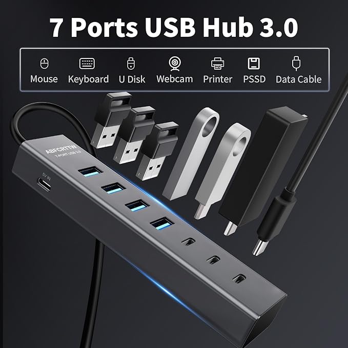 6Ft 7-Port USB Hub 3.0 for Desktop, 4 USB-A & 3 USB-C Ports Aluminium 5Gbps USB Extender Hub, USB Splitter, USB Hub Long Cable for Desktop, PC, Flash Drive, Mobile HDD SSD, Windows/XPS
