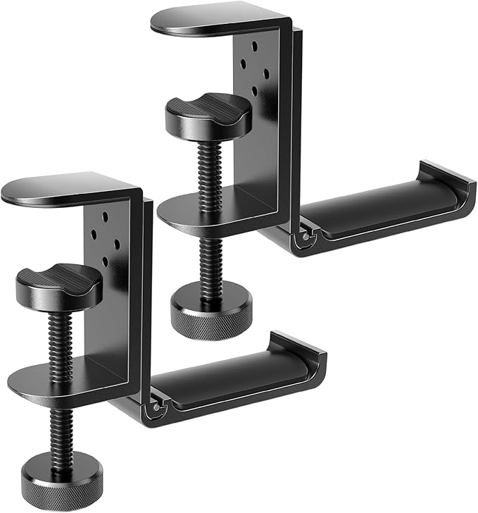 2 Pack Foldable Headphone Stand Hanger Holder, Aluminum Under Desk Clamp Hook Mount, Space-Saving Soundbar Stand with Universal Fit for Gaming PC Accessories