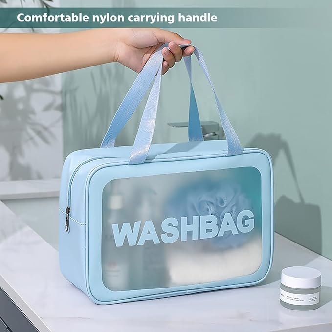 Travel Toiletry Bag for Women and Men, Matte Translucent Shower Bag with Handy Handle, Makeup Cosmetic Organizer Bag for Travel Toiletries Accessories (Blue)