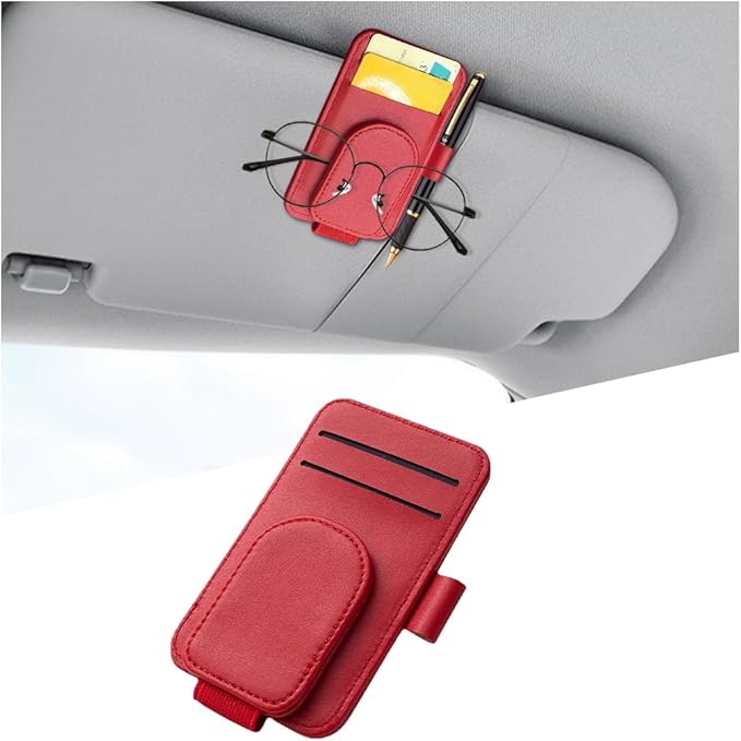 Car Sun Visor Organizer, Magnetic Leather Auto Sunglass Card Pen Pocket Holder for Registration & Drving License, Vehicle Interior Glasses Clip Accessories, Universal for SUV Sedan Truck (Red)