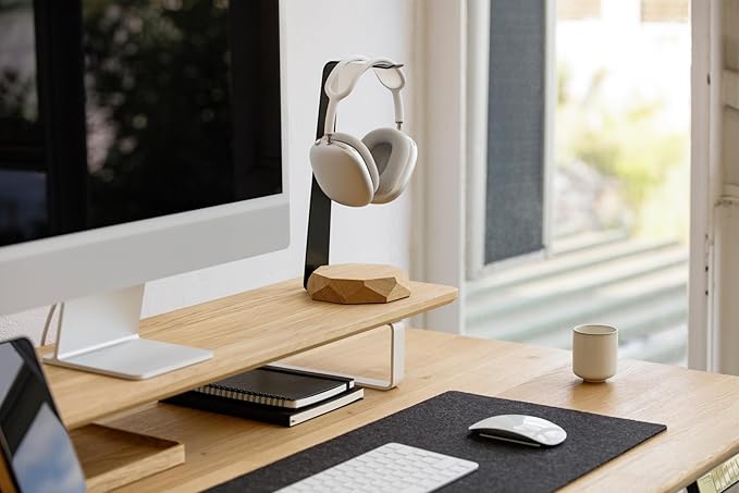 Oakywood 2-in-1 Wooden Headphone Stand with Wireless Charging - Wood Headphone Holder ??Stainless-Steel Base ??Handcrafted Headphones Stand for Desk - Qi-Compatible Wireless Charging ??Oak