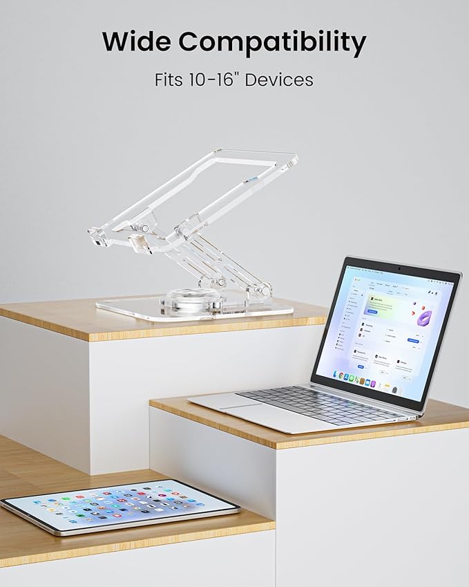 Laptop Stand for Desk - Adjustable, Foldable Clear Acrylic Riser with 360° Rotating Base, Ergonomic Laptop Holder for MacBook Pro/Air & 10-16” Notebooks