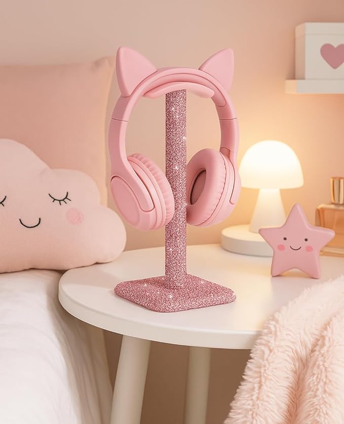 Luxury Rhinestone Headphone Stand – Cute Crystal Headset Holder for Gamer Girl Desk Setup – Bling Kawaii Desk Accessories with Soft Headrest – Aesthetic Gift for Daughter & Girlfriend (Pink)