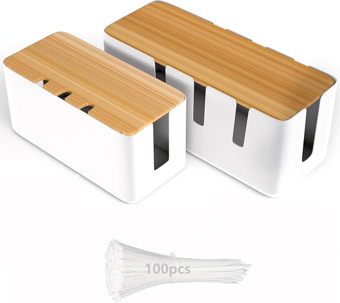 Cable Management Box-2 Pack Cable Organizer Box with 100PCS Cable Ties Set,Wood Lid,Cord Organizer for Desk,TV Wires,Computer USB Hub System to Cover and Hide & Power Strips & Cords for Home & Office