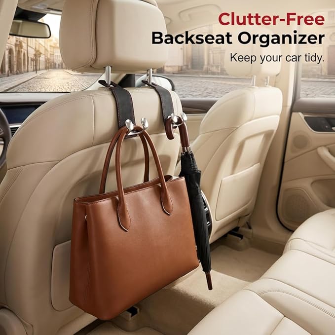 Car Purse Hook, Leather Headrest Hooks for Car, Heavy Duty Car Hooks, Universal Purse Holder for Car Seat, Vehicle Organizer Hanger for Handbag Grocery Bag Backpack Coat (Grey-4sets)