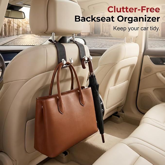 Car Purse Hook, Leather Headrest Hooks for Car, Heavy Duty Car Hooks, Universal Purse Holder for Car Seat, Vehicle Organizer Hanger for Handbag Grocery Bag Backpack Coat (Beige-4sets)