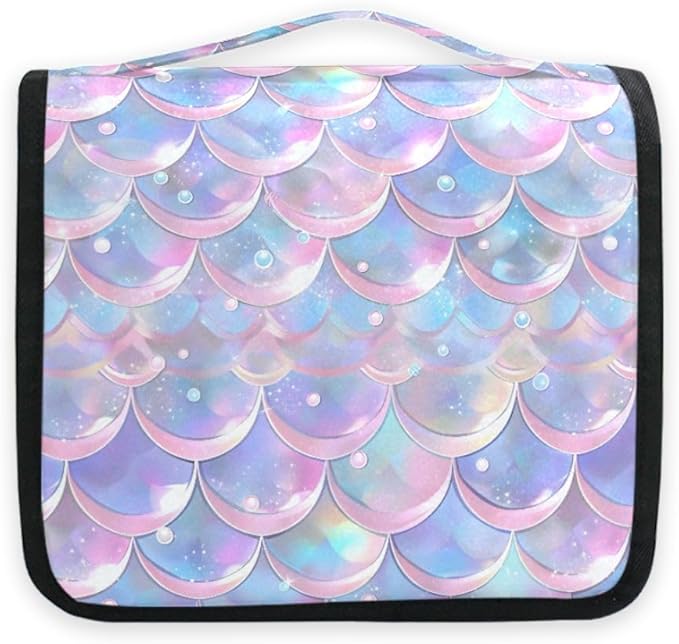 senya Hanging Travel Toiletry Bag Cute Kit Makeup Case Cosmetics Organizer for Men Women (Pale Pink Purple Blue Mermaid Scales)