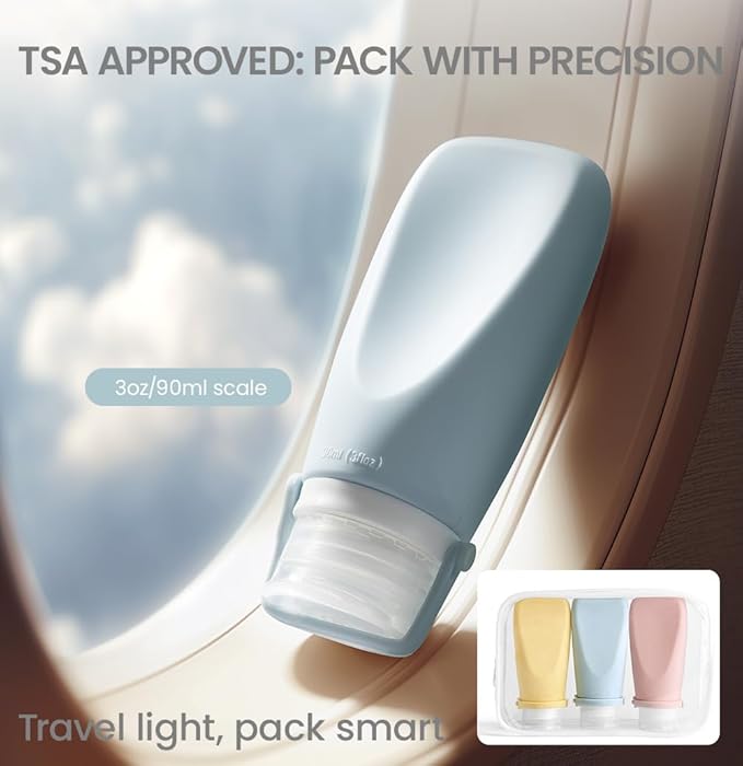 Travel Bottles for Toiletries, TSA Approved 3oz Container, High-Effeiciency Leak-Proof Ultrasonic Technology, Silicone Refillable Squeezable Travel Accessories for Shampoo Conditioner Lotion (3 Pcs)