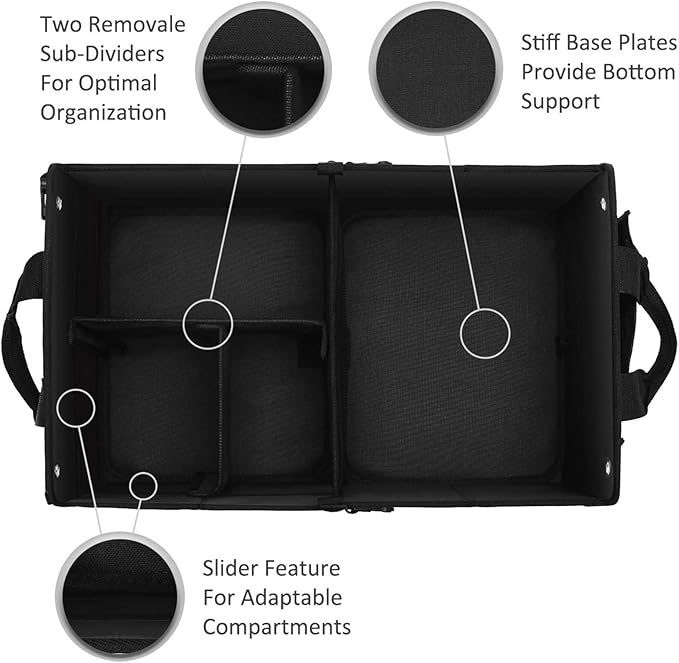 AUTOARK Multipurpose Car Trunk Organizer with Foldable Cover and Straps,Non-Slip Waterproof Bottom,Durable Collapsible Adjustable Compartments Cargo Storage,Black,AK-102