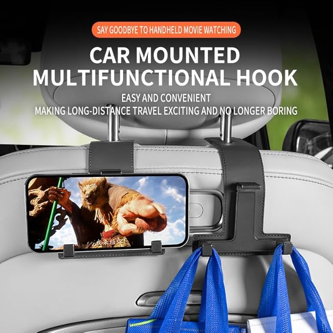 Car Hooks for Headrest, Multifunctional Luxurious Leather and Magnesium Alloy Car Seat Back Hook & Mobile Phone Holder, Double Headrest Hanger Storage Hook for Purses, Handbags (Brown)