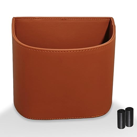 COZILO Leather Car Trash Can – Leakproof & Easy-to-Clean Car Trash Bin for Luxury Cars, SUVs & Trucks | Includes 60 Custom Liners, Secure Hook, Easy Install, Brown