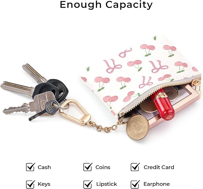 Coquette Bow Keychain Cute Coin Purse for Women, Small PU Leather Change Pouch, Zipper Little Tiny Travel Wallet for Girls, Kawaii Zip Pocket Coin Holder with Key Ring
