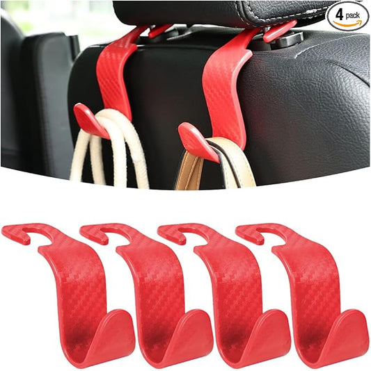 Osilly Car Seat Headrest Hook, 4 Pack Auto Seat Hanger Storage Organizer for Purse Handbag Coats Grocery Bags, Car Interior Accessories, Universal Vehicle Backseat Plastic Hanging Hook (Red)