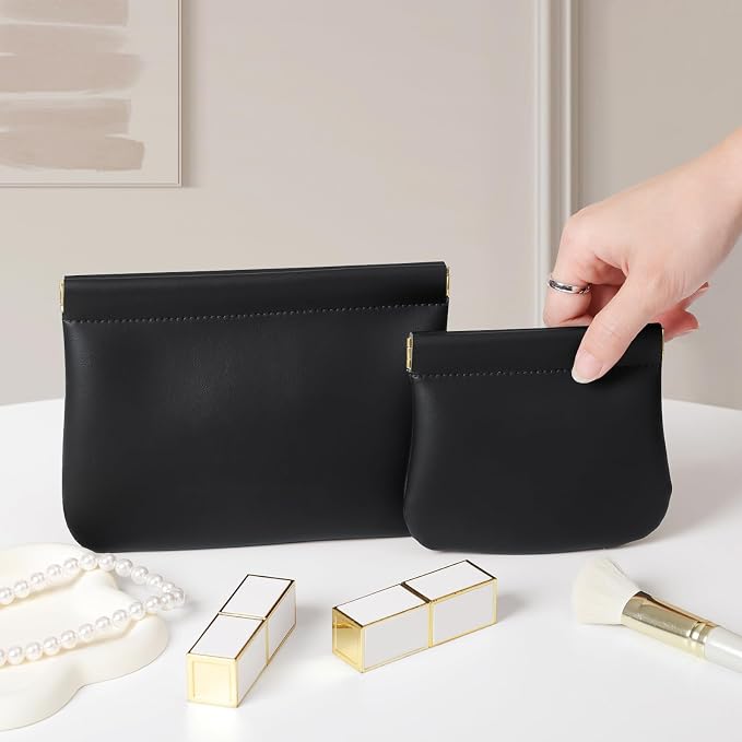 2 Pack Small Makeup Bag for Women, New Organosilicon Super Fiber PU Leather Mini Cosmetic Bag for Travel, Coin Purse Organizer Storage Pouch (No Phrase Printed, Black)