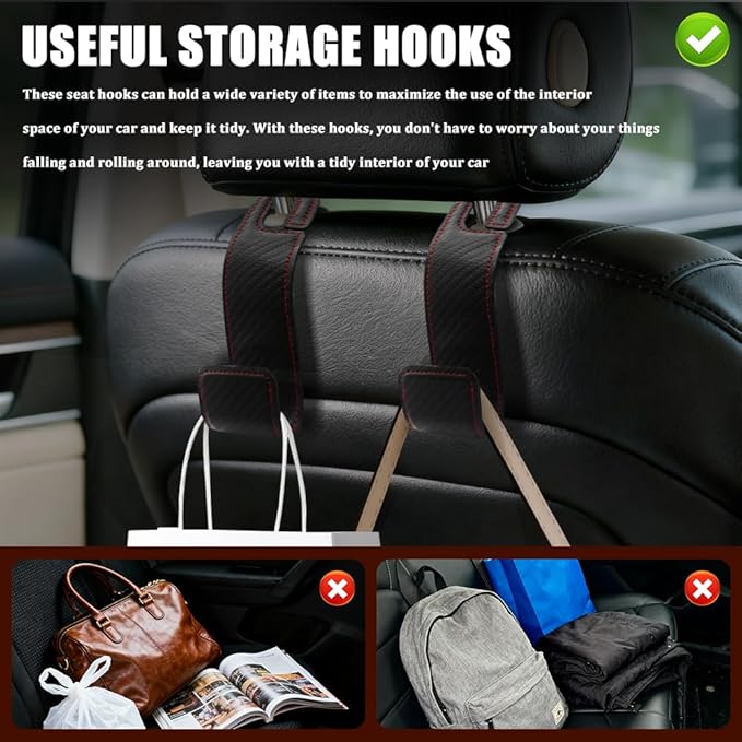 2PCS Car Seat Headrest Hooks, Purse Hook for Car, Automotive Headrest Handbags Holder, Auto Accessories Leather Seatback Organizer Hanger for Hanging Purses Bags Coats (Carbon Fiber, 2PCS)