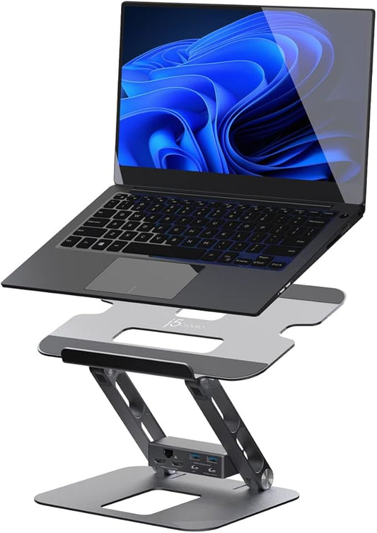 j5create Laptop Stand with USB C Dual HDMI Display Hub - 2 USB A 5Gbps, PD 100W with USB-C 5Gbps, Ethernet | Aluminum Computer Riser for MacBook and Windows Notebook (JTS427)