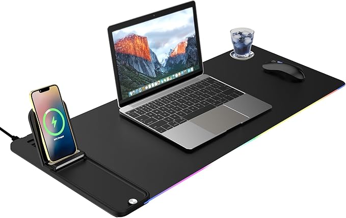Gifts for Mom Dad &Friends,Wireless Phone Charger with Mouse Pad,RGB Gaming Mouse Pad with Phone Holder, 15W Fast Wireless Charging Desk Mat with Ultra-Smooth Surface for MacBook PC Laptop Computer