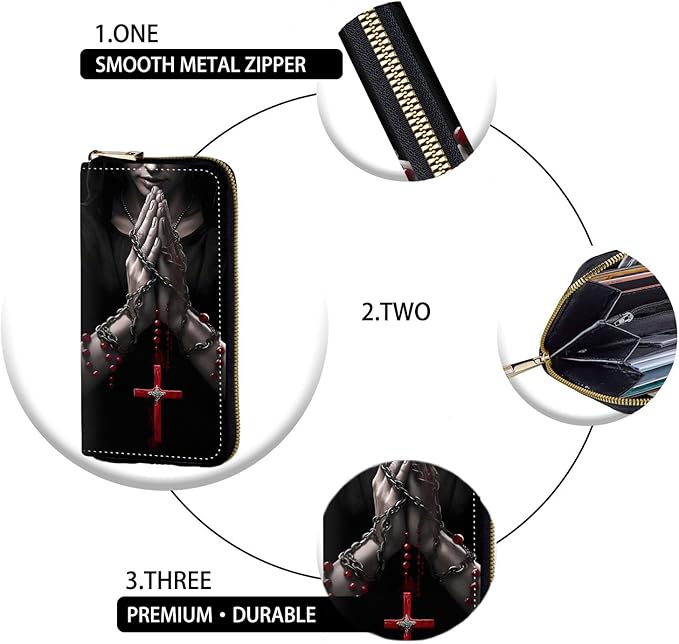 Women's RFID Blocking Zip Around Wallet with Detachable Wrist Strap, Large Capacity Credit Card Holder Organizer for Everyday Use,Hands Praying Holding Cross