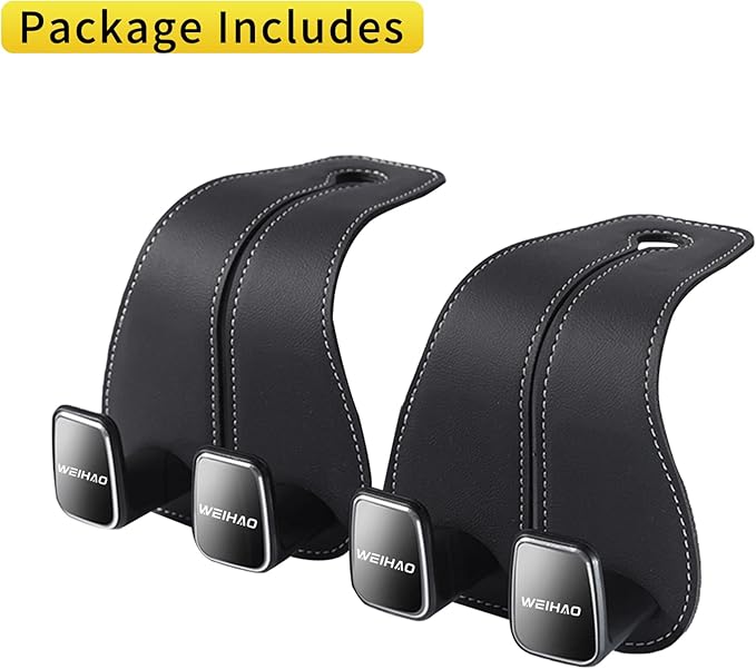 WEIHAO Wide Purse Hook for Car, Twin Hook Leather Car Headrest Hangers, Car Seat Back Storage Hook, Headrest Hooks Purse Bag Holder for Car Universal Fit Sedan Trucks SUVs Most Vehicles (Black-2PCS)