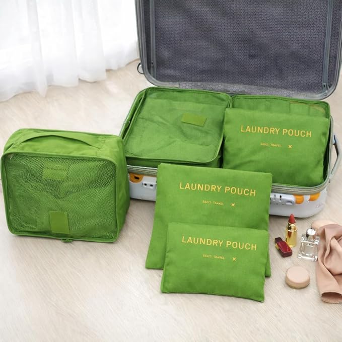 6 Set Travel Packing Cubes for Luggage – Laundry Pouch Organizer Bags, Lightweight Storage Pouches for Clothes, Shoes, and Toiletries (green)