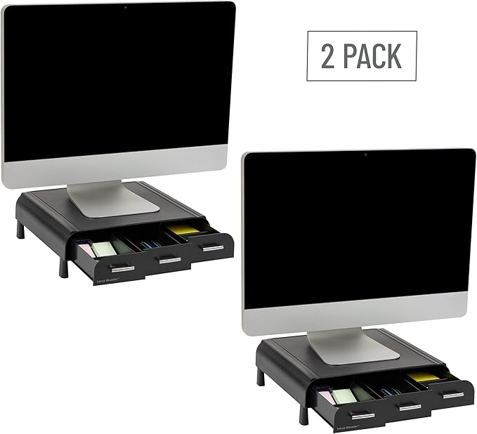 Mind Reader Monitor Stand, 3 Storage Drawers, Desktop Organizer, Riser, Office, 13.5"L x 13"W x 4"H, Set of 2, Black