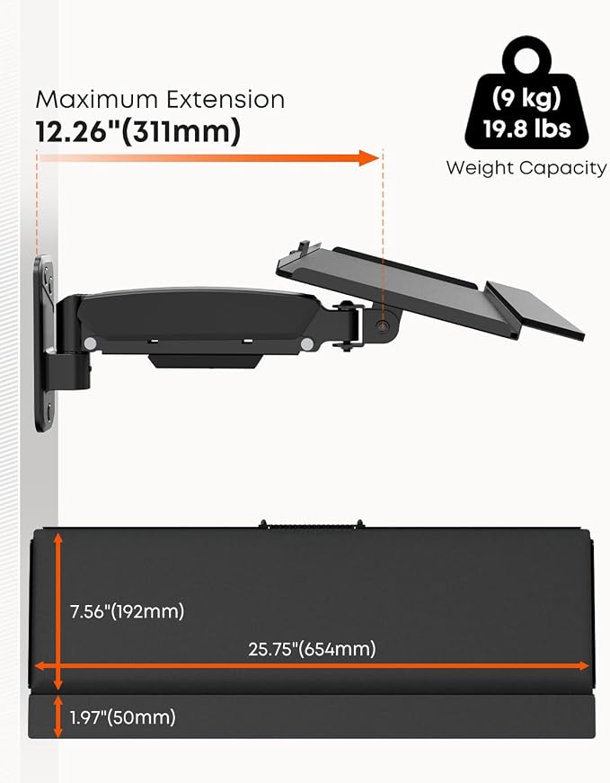 PUTORSEN Compact Wall Mount Keyboard Tray, Sit Stand 26 Inch Keyboard and Mouse Wall Mount with Spring Arm, Height Adjustable Ergonomic Typing Platform with Anti-Slip & Wrist Pad, Holds up to 19.8 lbs