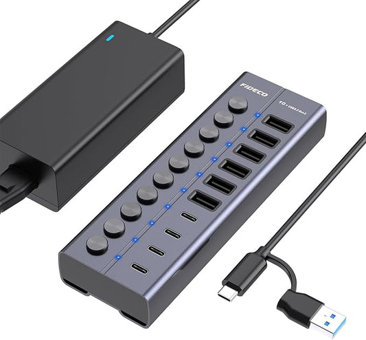 FIDECO 60W Powered USB Hub for Laptop and PC, 10-Port 10Gbps USB Splitter with 12V 5A Power Adapter, Aluminum USB 3.2 Gen 2 Multiport Adapter, 6 USB-A and 4 USB-C Ports, Support BC1.2 Charging
