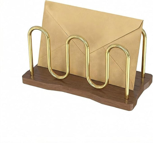 Mail Holder Organizer Countertop, Metal Mail Sorter for Desk, Cutout Mail Storage Bills Organizer Letter Tray Design with Bamboo Base for Home Office (Walnut)