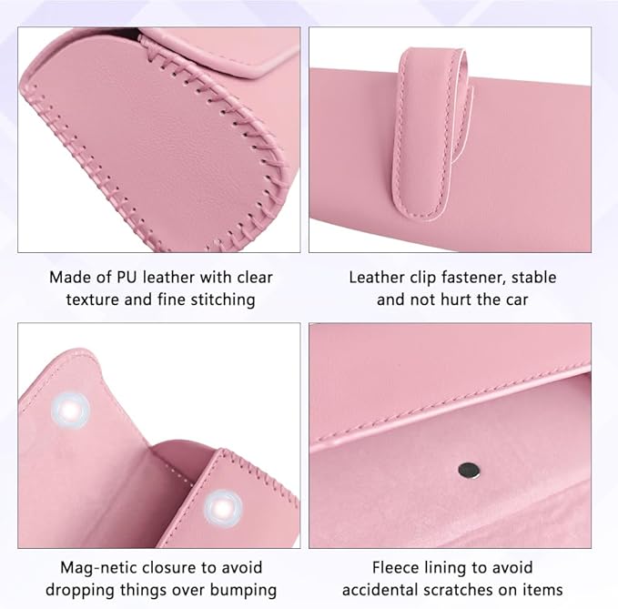 Sunglasses Holder for Car Sun Visor, Sunglass Organizer for Car, Magnetic Leather Eyeglasses Protective Storage Case, Waterproof Glasses Organizer Visor Accessories for Vehicles (Pink)