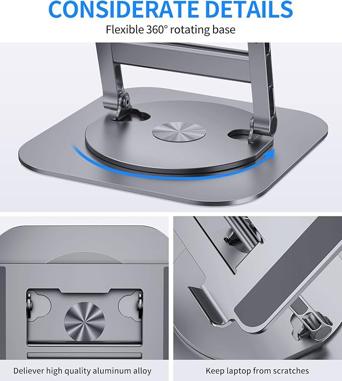 AOEVI Adjustable Laptop Stand with 360 Rotating Base, Stable Computer Stand for Laptop Ergonimic Foldable Laptop Riser for Desk Compatible with MacBook Pro/Air Notebook up to 16 Inches, Grey