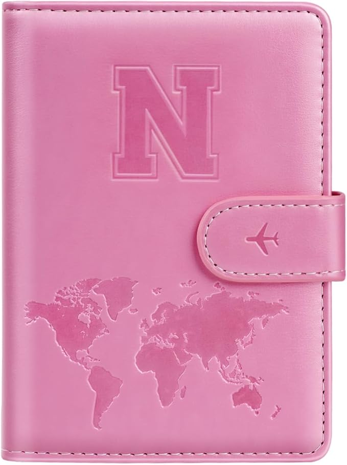 Passport Holder Cover Initail Letter A-Z Travel Wallet Embossed Design RFID Blocking Card Holder Personalized Gift Passport Cover Wallet, Passport Book Holders for Women and Girls, Pink-N