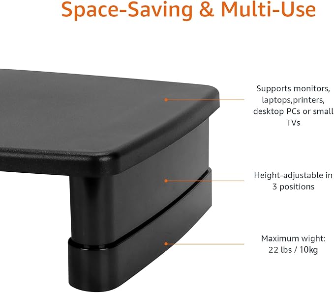 Amazon Basics Height Adjustable Monitor Stand Riser with Storage Organizer, Multifunctional Desk Accessories for Reduced Neck Strain - Fits Monitors, Laptops Up to 22lbs, Black