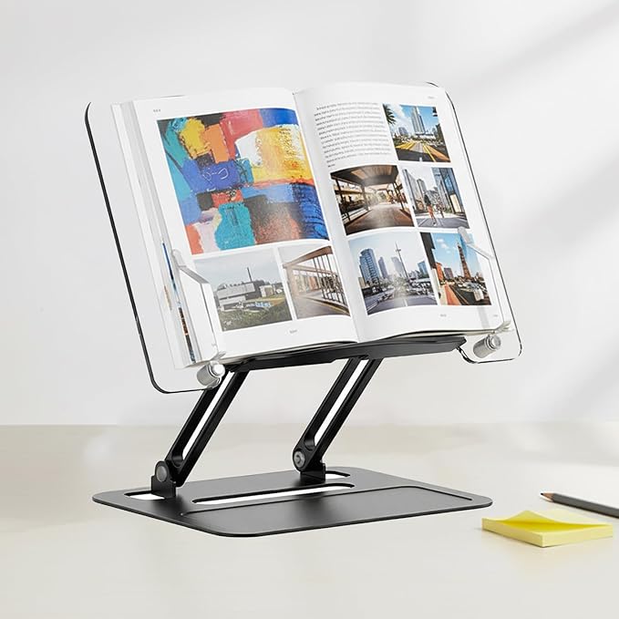 Acrylic Adjustable Book Stand, Reading Stand with Lift Design, High-Density Alloy Desktop Document Holder for Document Recipe, Cookbook, Music Book (Black)