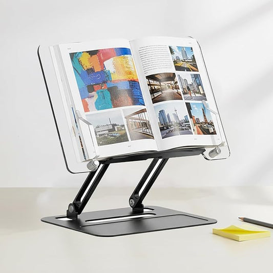 Acrylic Adjustable Book Stand, Reading Stand with Lift Design, High-Density Alloy Desktop Document Holder for Document Recipe, Cookbook, Music Book (Black)