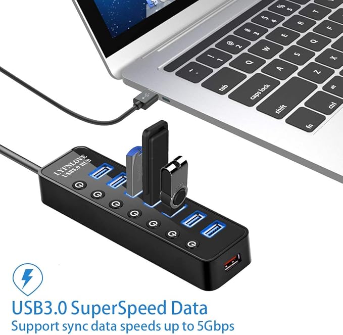 Powered USB Hub 3.0 Extender, Multiple Port Hub Splitter for Laptop PC with Power Adapter and Charging Port, USB Expander with On/Off Switches for MacBook, iMac, Surface Pro