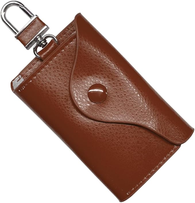 Leather Car Key Case Holder, Remote Key Fob Case with Keychain & Snap Closure – Universal Smart Keys Pouch for Men Women, Coin Holder Protection Bag with Metal Hook (Brown)
