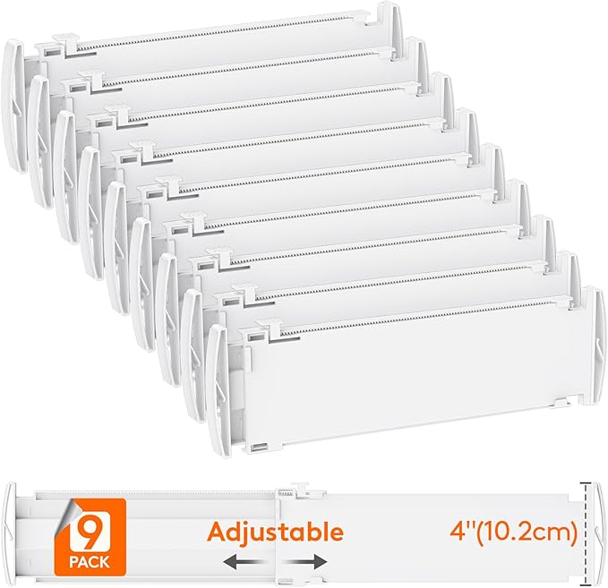 Lifewit 4" Tall 9 Pack Drawer Dividers, 35-56.5cm/13.8-22.2" Expandable Drawer Divider for Clothes, Adjustable Dresser Drawer Organizers, Drawers Separators for Dresser/Bathroom/Closet/Kitchen White
