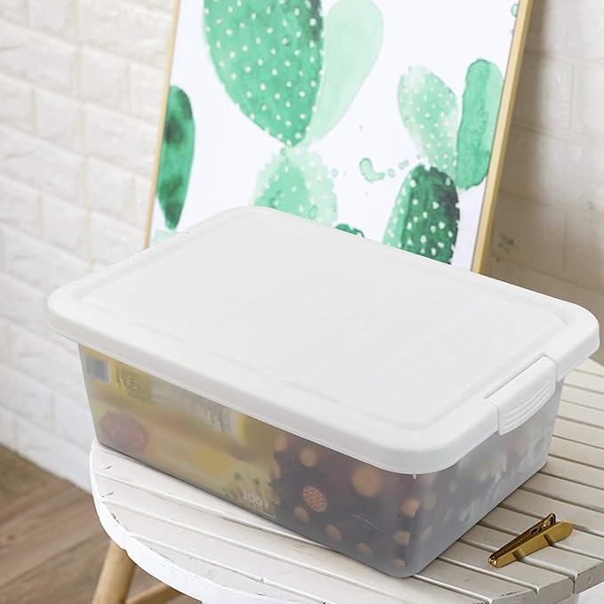 14 Quart Clear Storage Box, Underbed Plastic Latch Box with White Lids, 2-Pack
