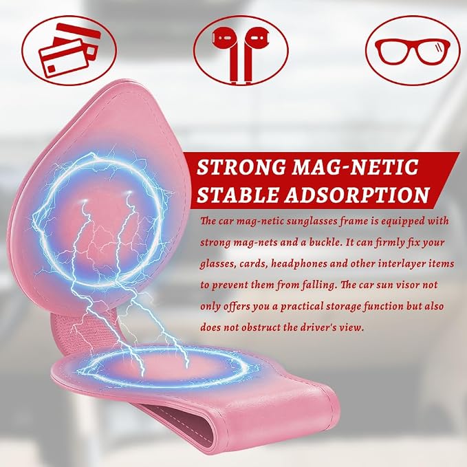 Sunglasses Holders for Car Visor, PU Leather Car Organizer, Magnetic Glasses Holder and Ticket Card Clip, Multi-Functional Auto Sun Visor Eyeglass Holder for Most Vehicles (Pink)