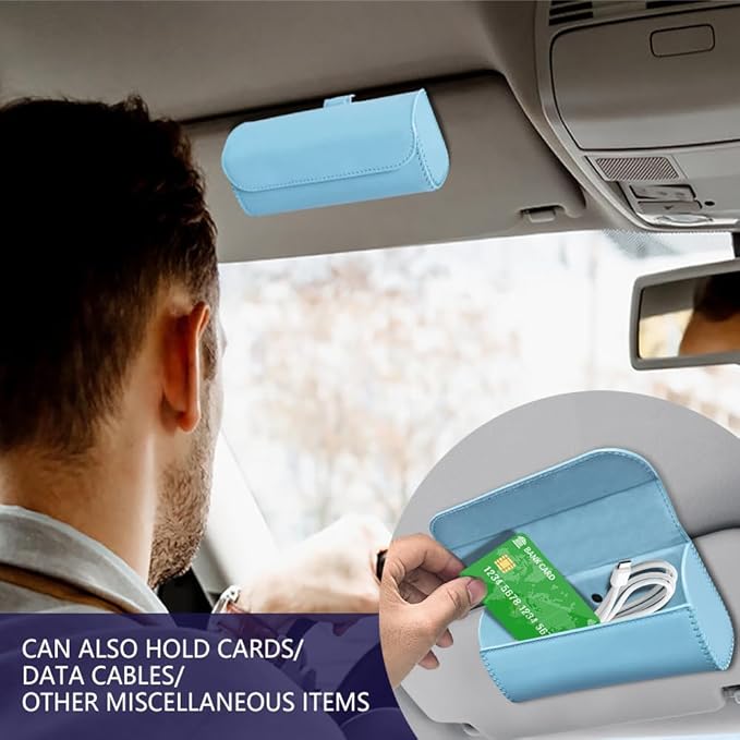 Sunglasses Holder for Car Sun Visor, Sunglass Organizer for Car, Magnetic Leather Eyeglasses Protective Storage Case, Waterproof Glasses Organizer Visor Accessories for Vehicles (Blue)