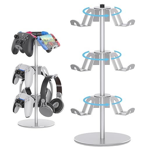 Controller Stand Compatible with Xbox PS5 PS4 Nintendo Switch Pro, 3 Tier Aluminum Gaming Headset Stand, Rotatable Headphone Controller Holder Organizer Rack, Universal & Large Capacity, Silver