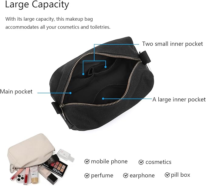 Organizer Bag -Lightweight Cosmetic Bag with Ring Clasp, Perfect Travel Makeup Bag for Women,nylon Stand Up Design (Black/Canvas)