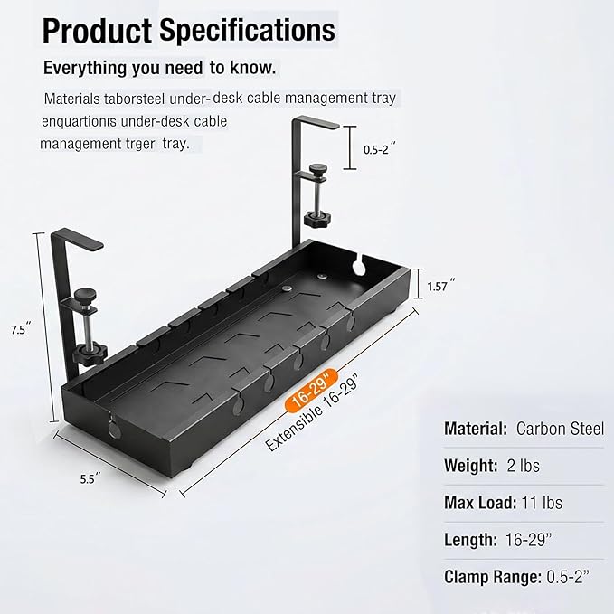 Under Desk Cable Management Tray, Adjustable 15.7"-29.1" Cable Management Tray, No-Drill Metal Cable Storage & Organizer for Home Office, Black