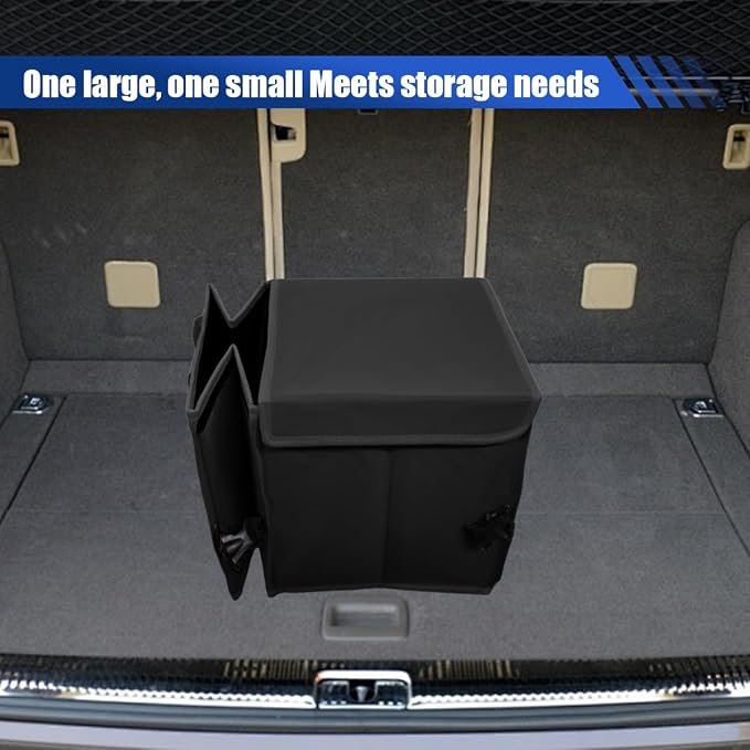 Car Trunk Organizer, Collapsible Multi Compartment Cargo Storage Box with Lid & Reinforced Handles, Adjustable Waterproof Vehicle Storage Organizer Accessories for Car SUV Truck (Black)