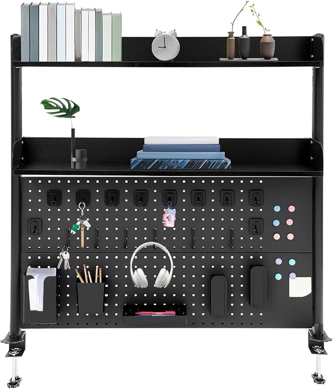 Clamp on Desk Shelf with Pegboard, Desk Extender Pegboard Workstation, Desktop Bookshelf Storage Shelves for Home Office Dorm, 37.4in (Black)